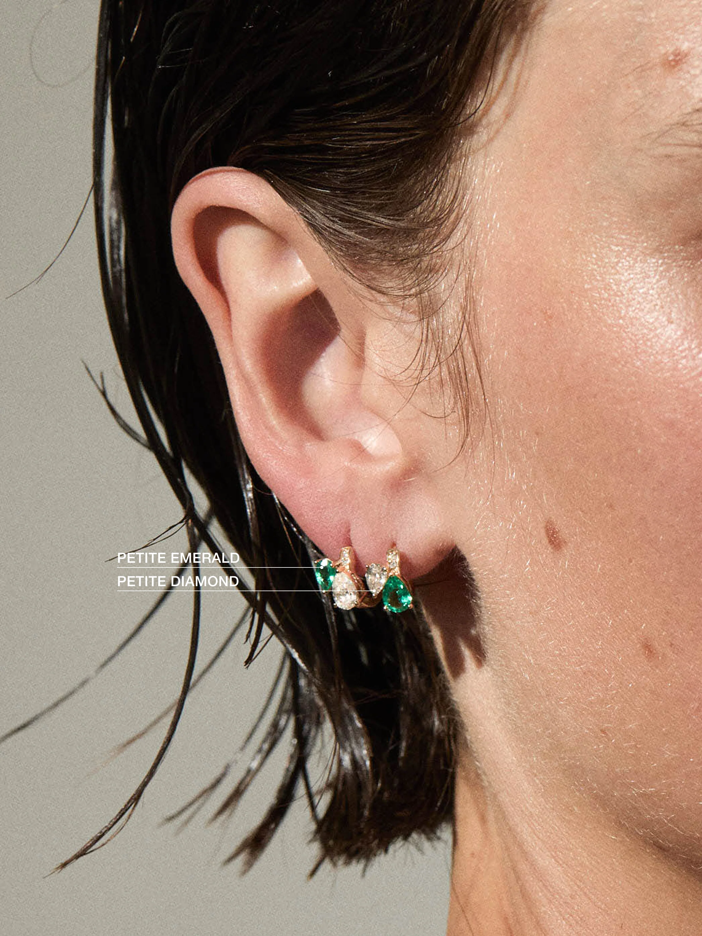 14K DOUBLE PEAR-CUT HUGGIE EARRING IN LAB DIAMOND AND PETITE LAB EMERALD, 14K WHITE GOLD - Image 4