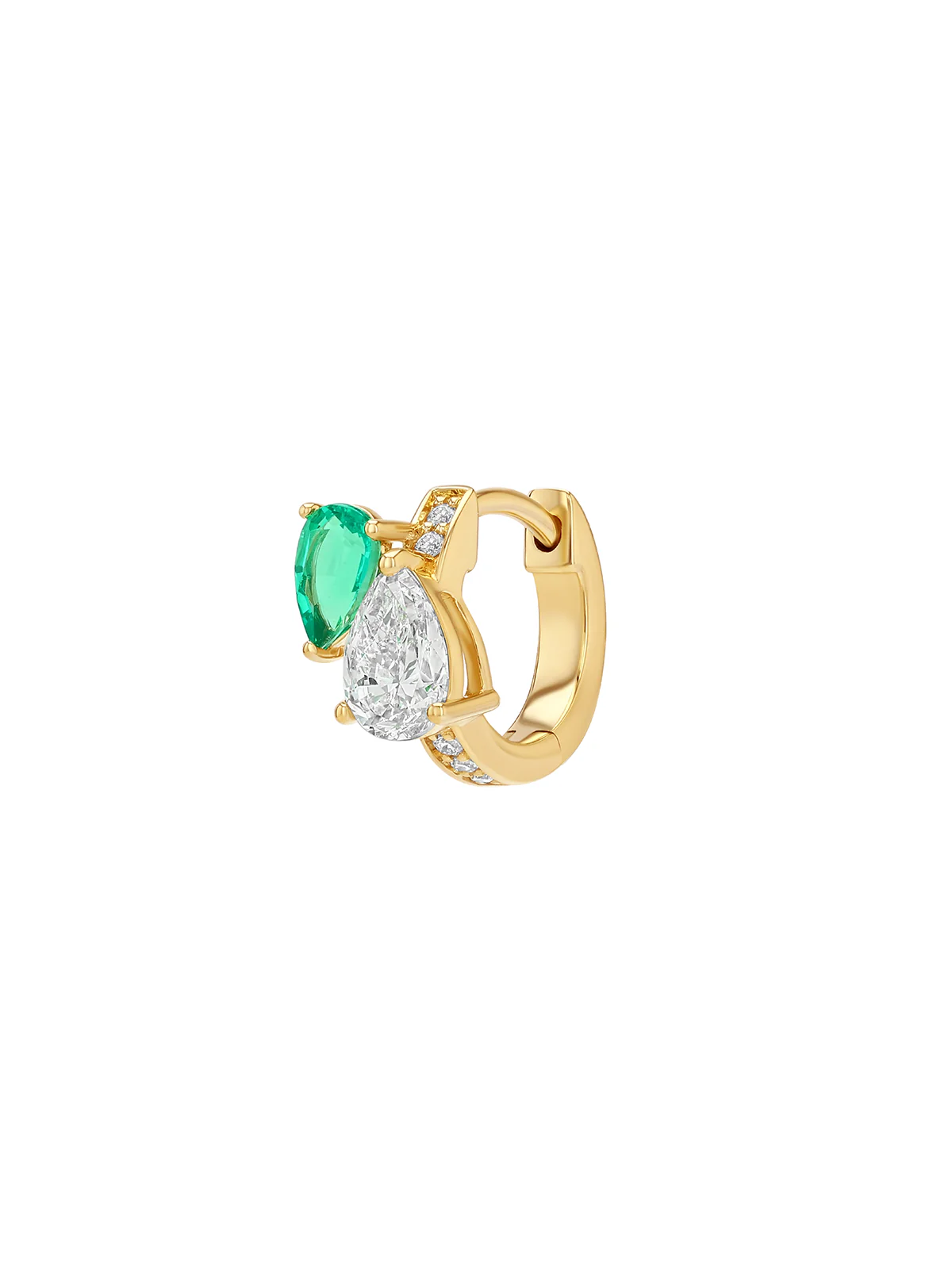 14K DOUBLE PEAR-CUT HUGGIE EARRING IN LAB DIAMOND AND PETITE LAB EMERALD, 14K YELLOW GOLD - Image 2