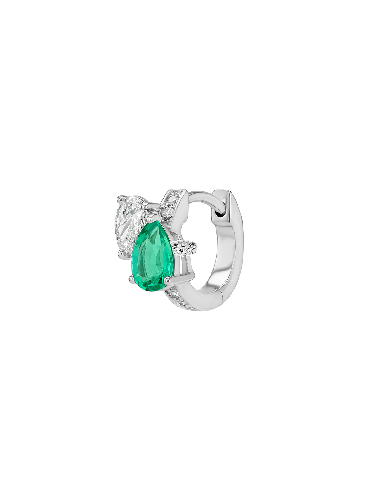 14K DOUBLE PEAR-CUT HUGGIE EARRING IN LAB EMERALD AND PETITE LAB DIAMOND, 14K WHITE GOLD - Image 2