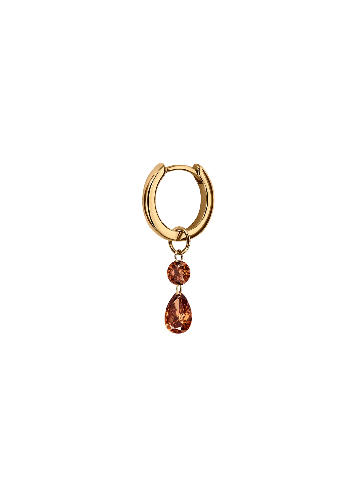 14K FLOATING ROUND & PEAR HUGGIE EARRING IN COGNAC LAB DIAMOND, 14K YELLOW GOLD - Image 2