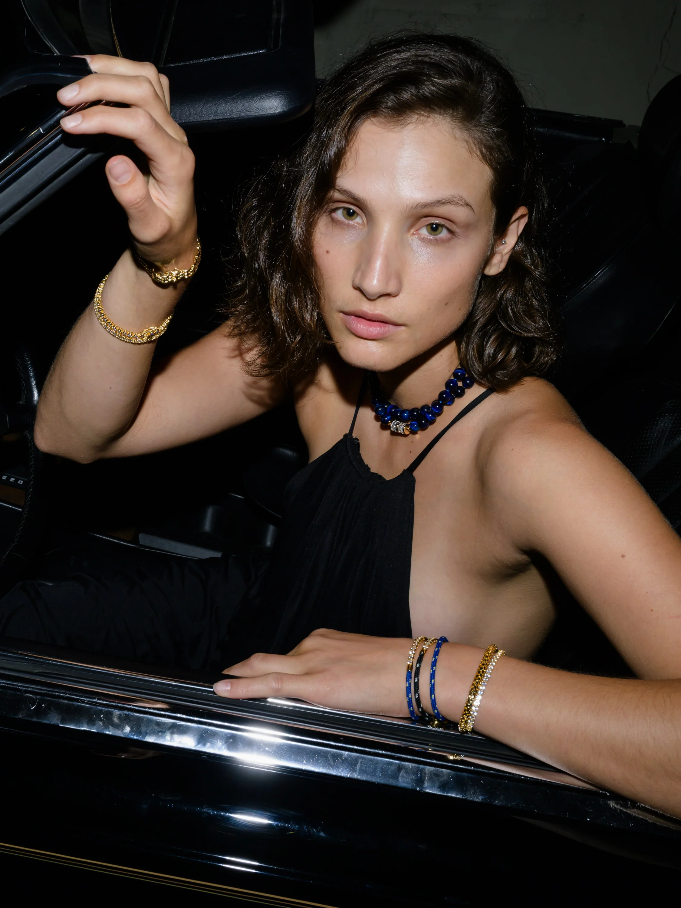 14K BEADED NECKLACE IN BLUE TIGER'S EYE AND LAB DIAMOND, 14K YELLOW GOLD - Image 3