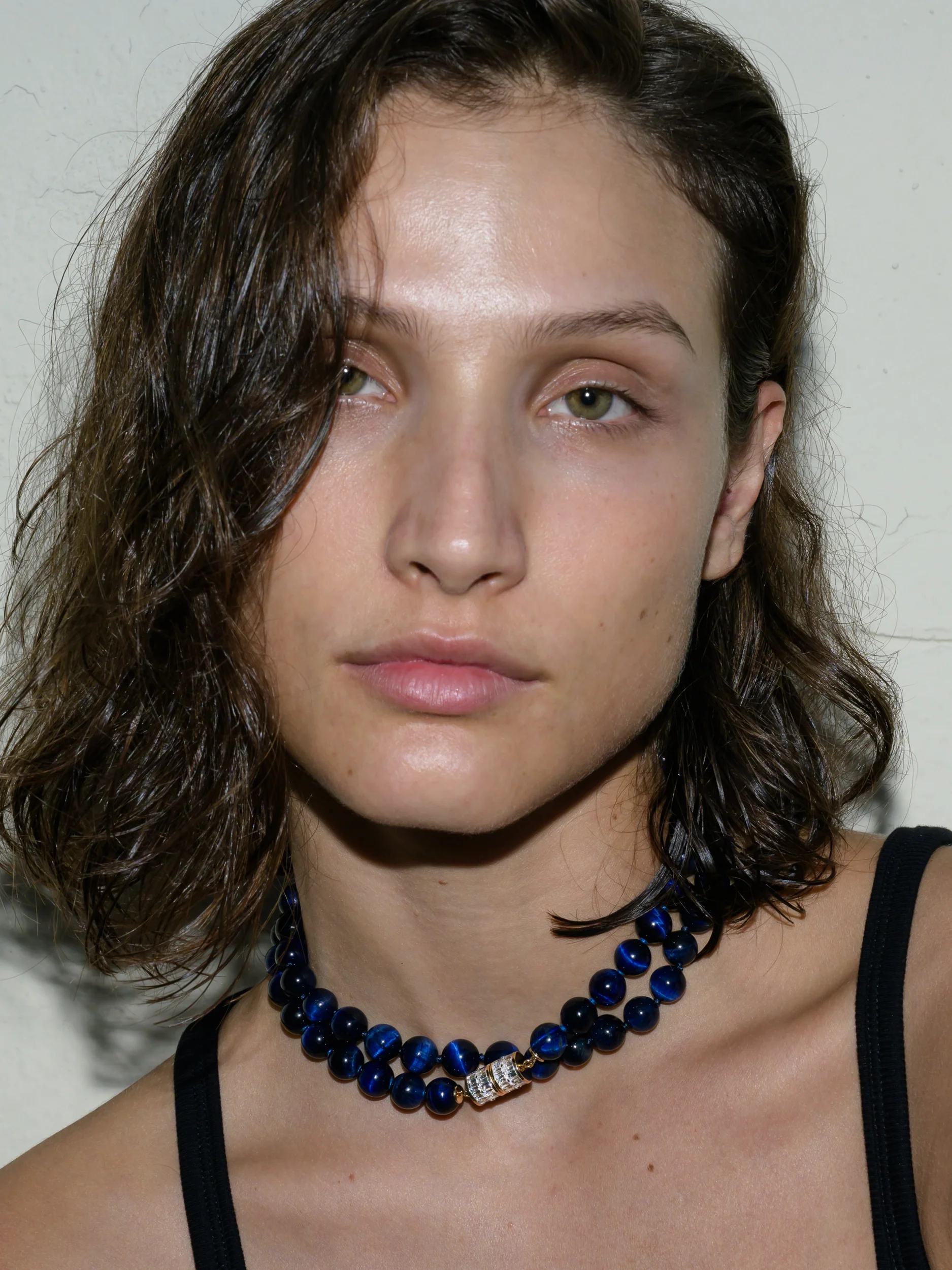 14K BEADED NECKLACE IN BLUE TIGER'S EYE AND LAB DIAMOND, 14K YELLOW GOLD - Image 4