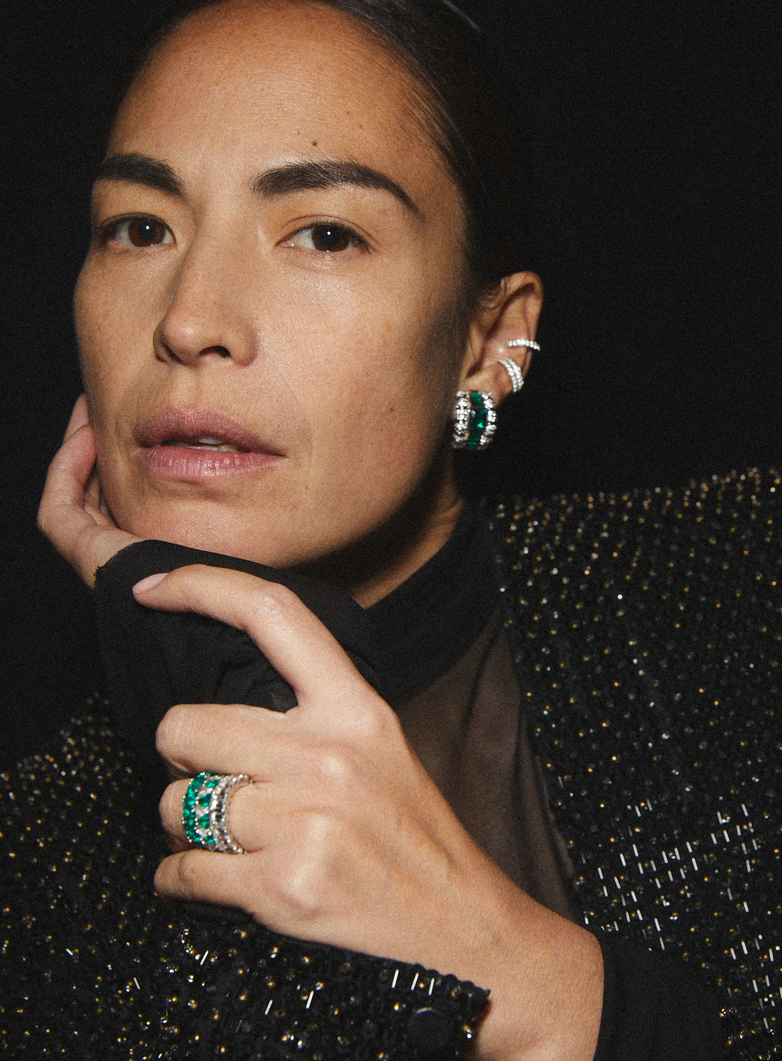 CRAWFORD EARRINGS IN NANO EMERALD, RHODIUM COATED BRASS - Image 4