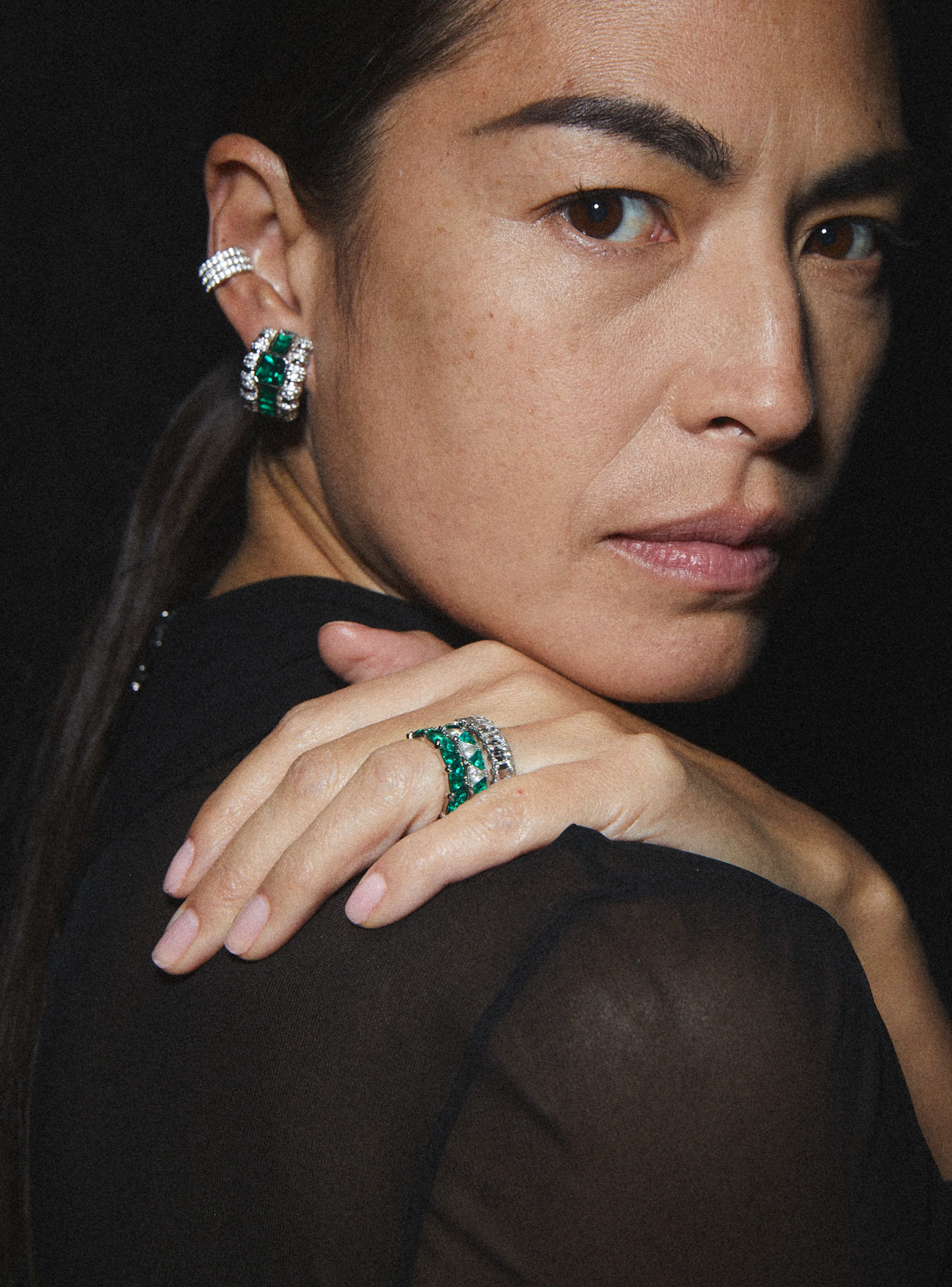 CRAWFORD EARRINGS IN NANO EMERALD, RHODIUM COATED BRASS - Image 5