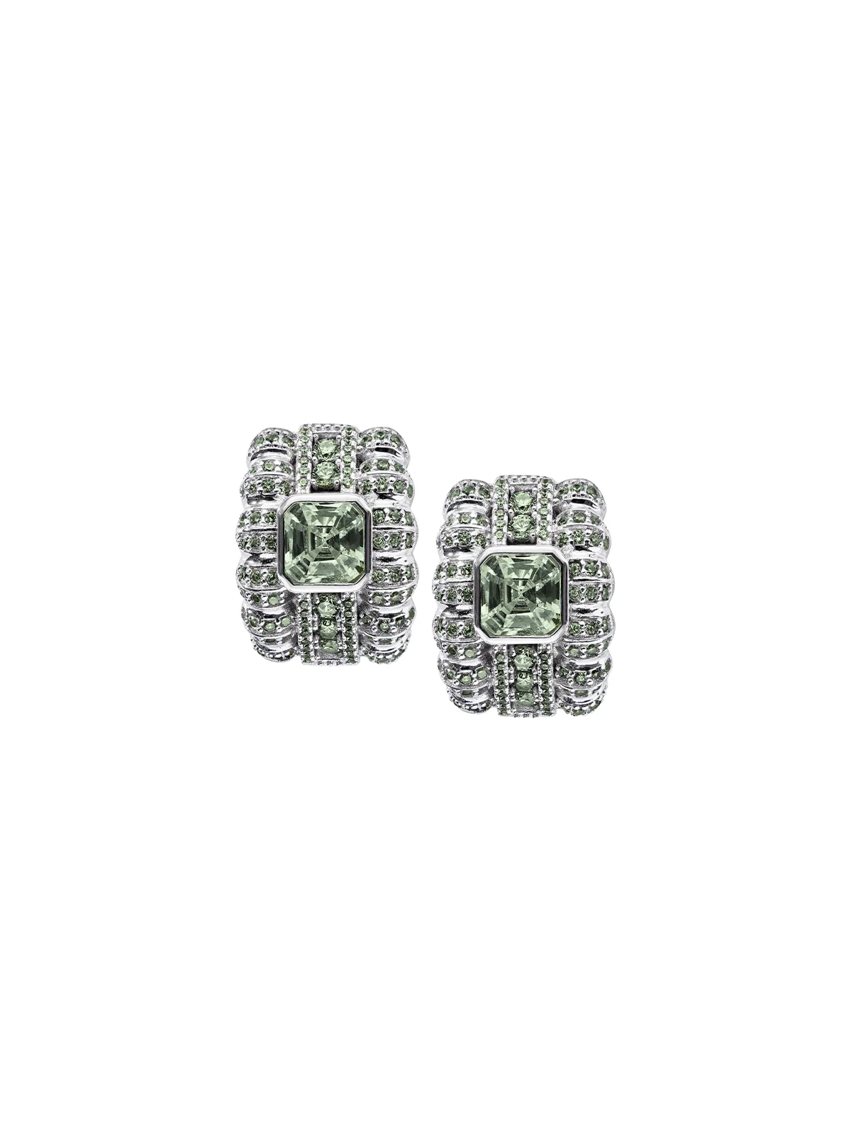 CRAWFORD ASSCHER CUT LIGHT GREEN SPINEL EARRINGS, RHODIUM COATED BRASS