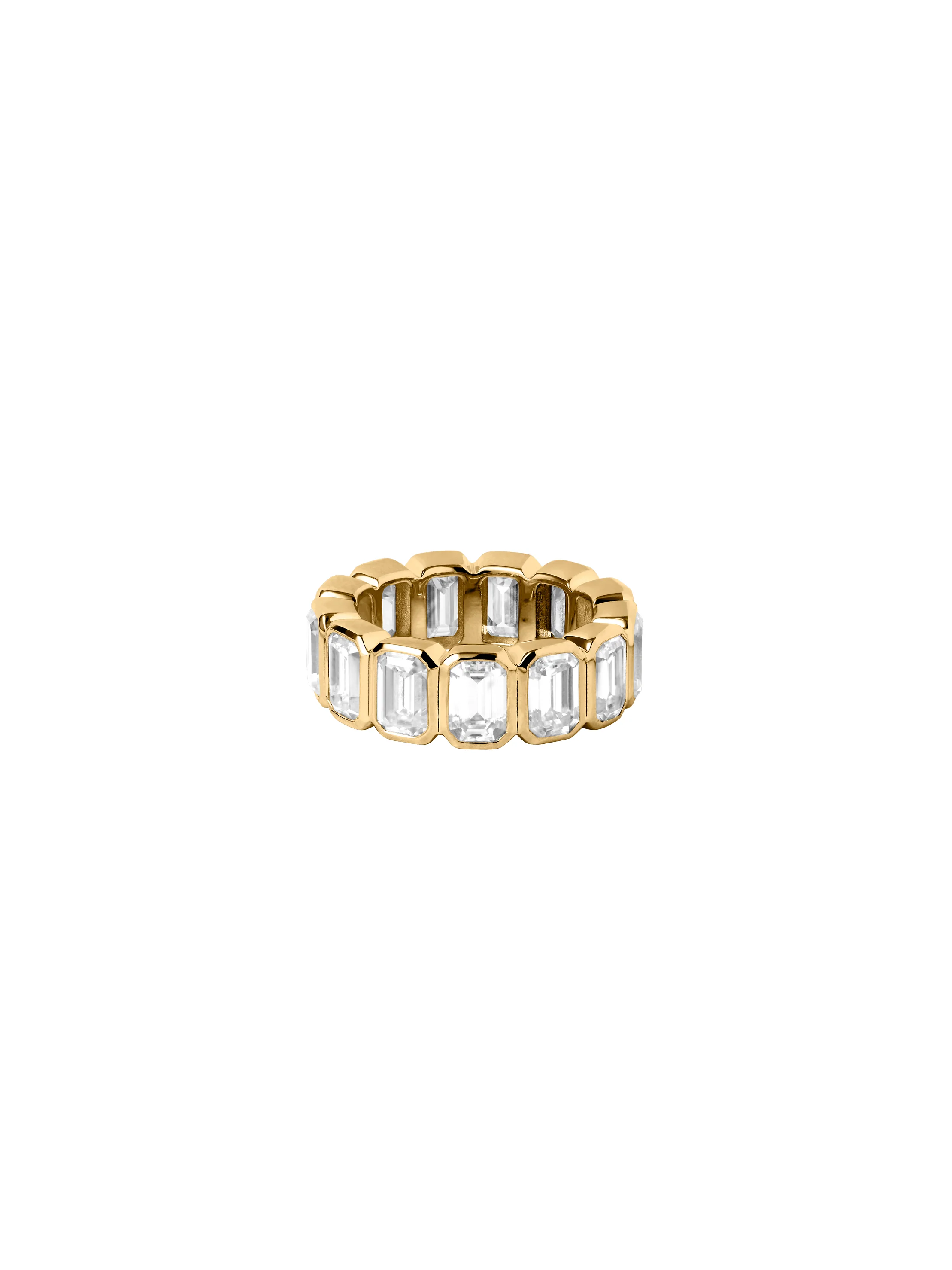 EMERALD-CUT BEZEL ETERNITY BAND IN MOISSANITE, 18K GOLD VERMEIL