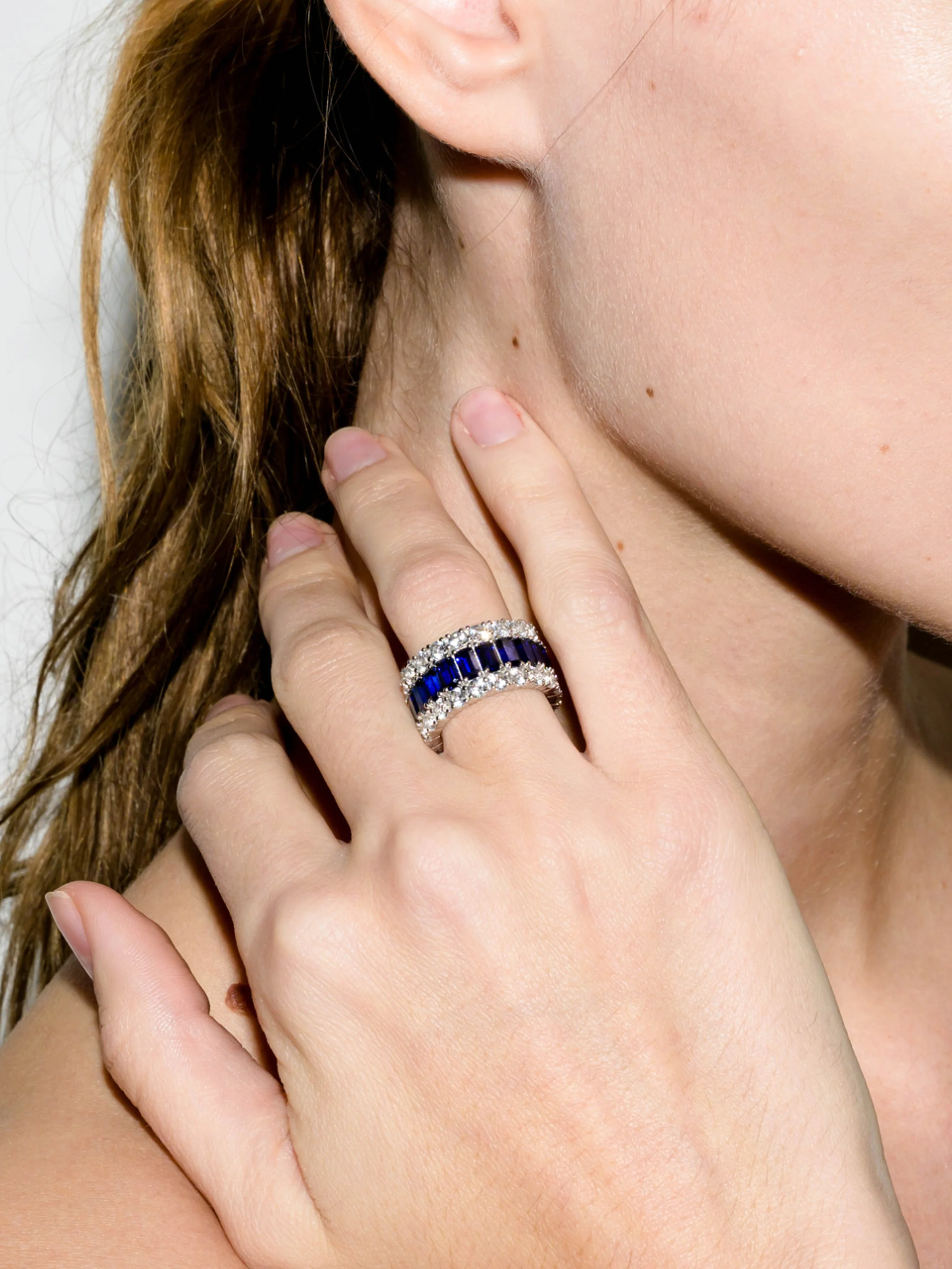 MAXIME THREE-ROW RING IN LAB BLUE SAPPHIRE AND MOISSANITE, STERLING SILVER - Image 3