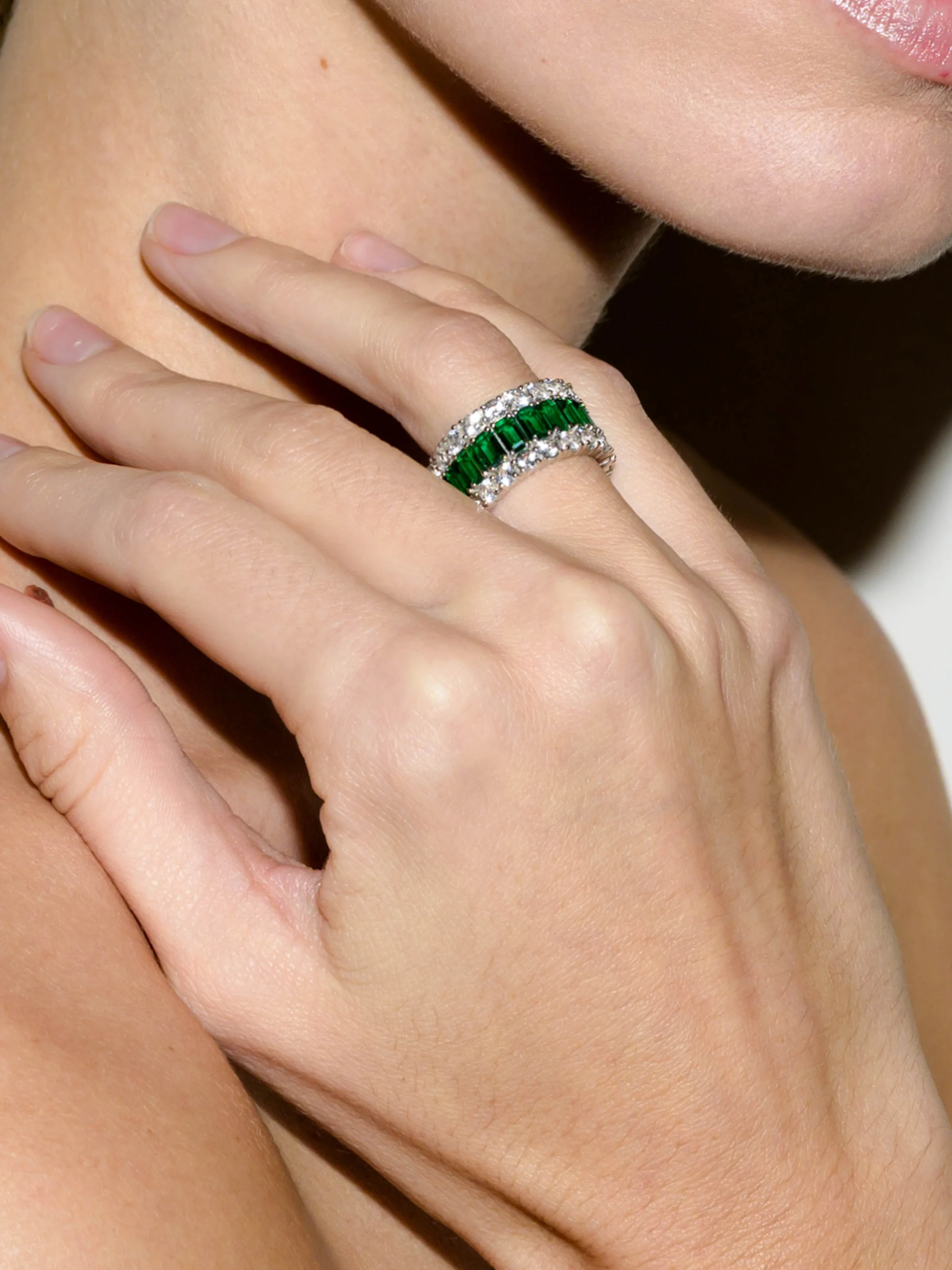 MAXIME THREE-ROW RING IN NANO EMERALD AND MOISSANITE, STERLING SILVER - Image 4